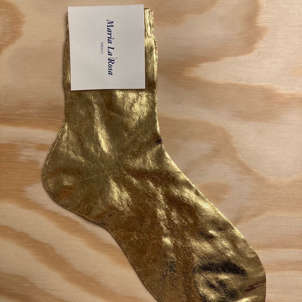 NWT Maria La Rosa Laminated Silk Ankle Socks in Gold